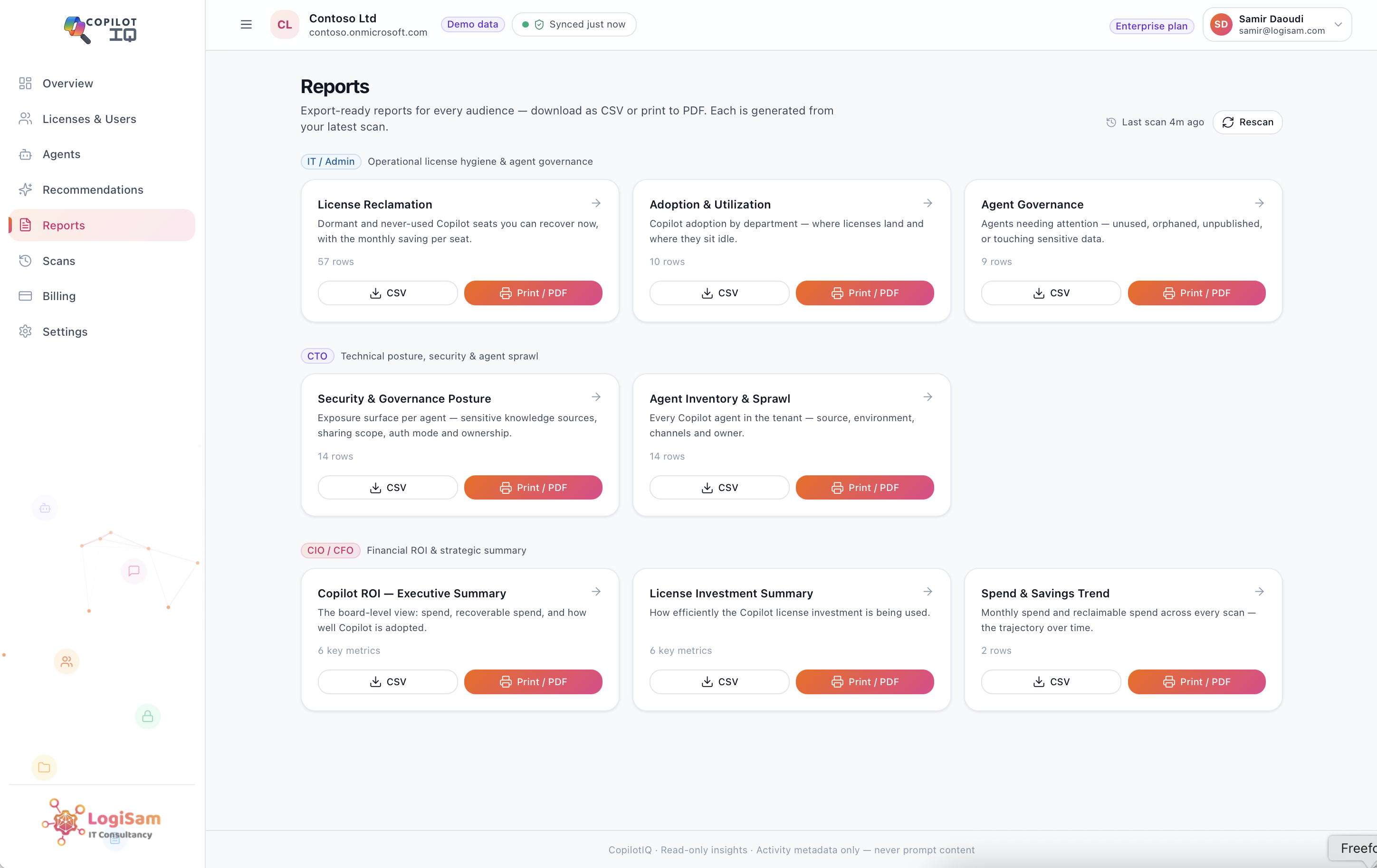 CopilotIQ — Export-ready reports for IT, CTO and CFO